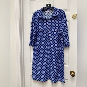 Jude Connally Blue & White Geometric 3/4 Length Sleeve Dress - XL